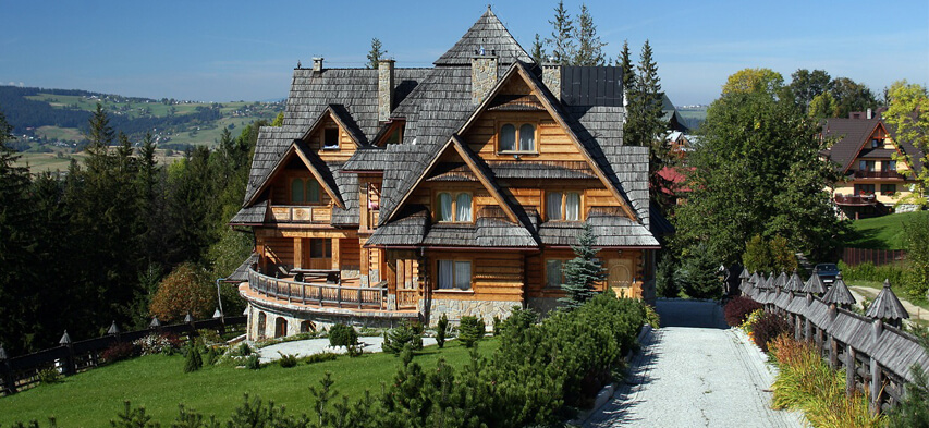 a house with wood roof