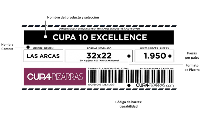 Etiqueta que identifica cada paleta de pizarra CUPA PIZARRAS